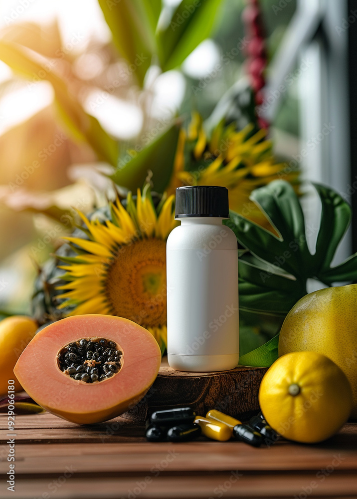 one Vitamin supplement with black lids and white bottle stickers in the middle, The background is lifestyle scense,noni fruit ,bright tone
