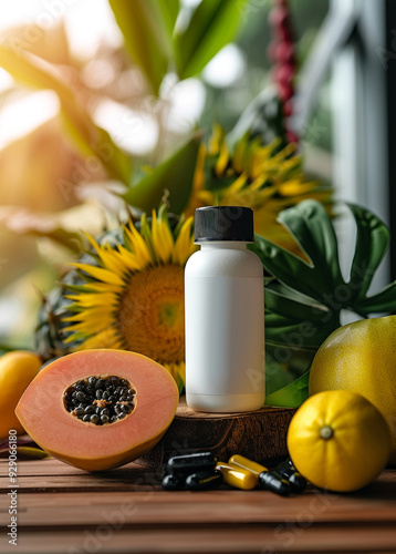 one Vitamin supplement with black lids and white bottle stickers in the middle, The background is lifestyle scense,noni fruit ,bright tone
 photo