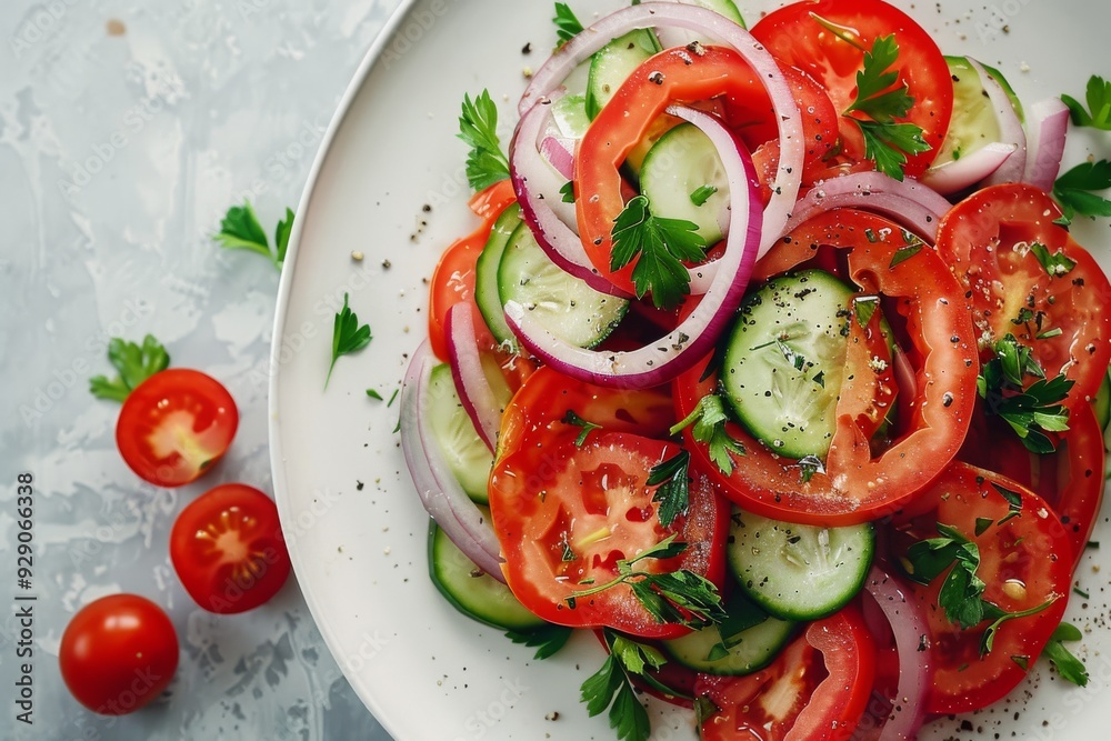 A vibrant salad with sliced tomatoes, cucumbers, red onions, and fresh parsley on a white plate, garnished with ground pepper. A vibrant salad with sliced tomatoes, cucumbers, red onions, and fresh parsley on a white plate, garnished with ground pepper.