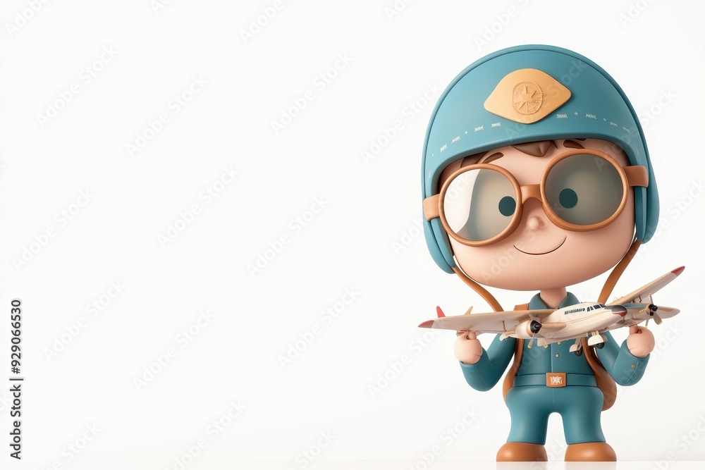 Smiling 3D Cartoon Pilot in Aviator Uniform Holding Model Airplane - Isolated White Background Smiling 3D Cartoon Pilot in Aviator Uniform Holding Model Airplane - Isolated White Background