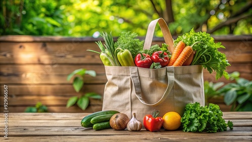 Reusable tote bag and fresh produce on a rustic wooden table, promoting eco-friendly alternatives to single-use plastic bags and sustainable living practices. photo