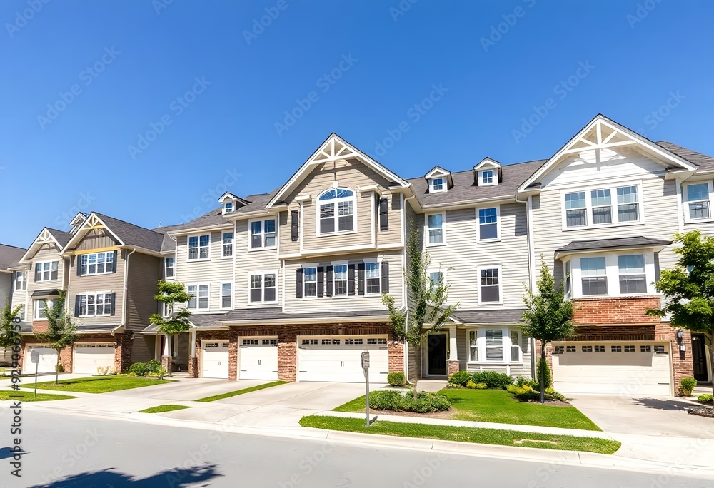 A row of modern townhouses with beige siding, blue shutters, and attached garages. The houses are set against a clear blue sky A row of modern townhouses with beige siding, blue shutters, and attached garages. The houses are set against a clear blue sky