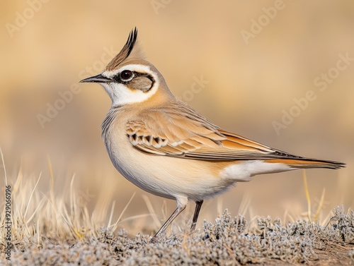 A charming horned lark perched gracefully on the dry grassland at sunrise photo