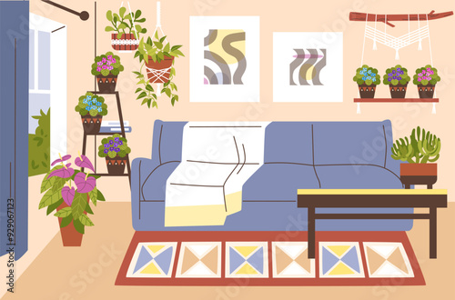 Cozy living room interior with sofa, blossom flowers and Macrame hangers for plants pots, succulent, violet flat vector