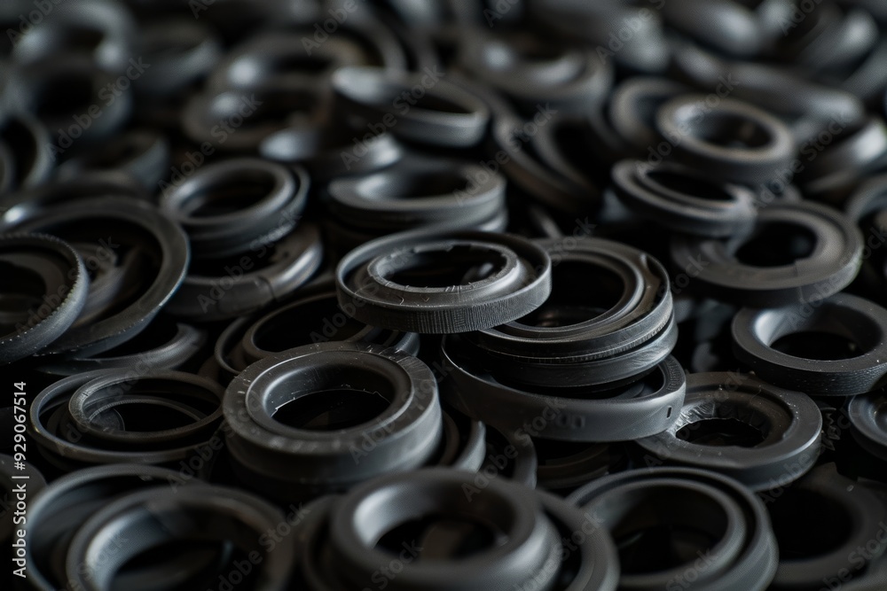 Obraz premium A monochromatic pile of black rubber gaskets, creating a repetitive pattern with varying textures and shapes, symbolizing industrial uniformity.