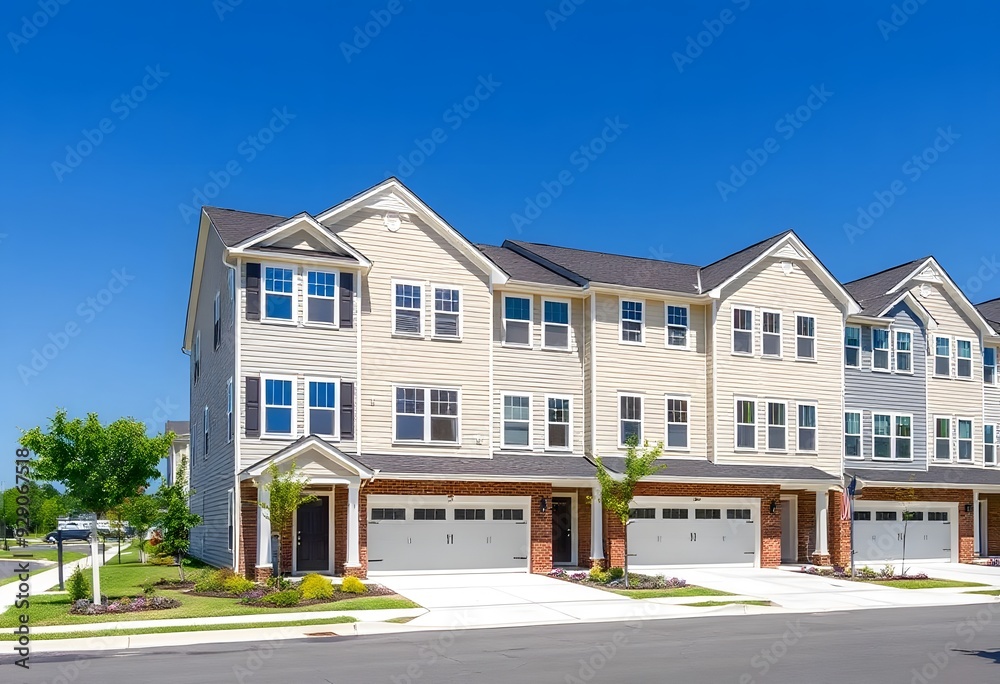 A row of modern townhouses with beige siding, blue shutters, and attached garages. The houses are set against a clear blue sky A row of modern townhouses with beige siding, blue shutters, and attached garages. The houses are set against a clear blue sky