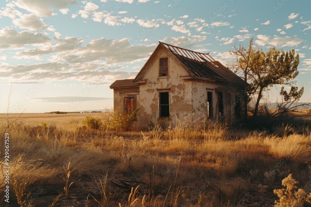 An abandoned, dilapidated house standing alone in a vast, dry field under a golden sunset, evoking a sense of solitude and decay. An abandoned, dilapidated house standing alone in a vast, dry field under a golden sunset, evoking a sense of solitude and decay.