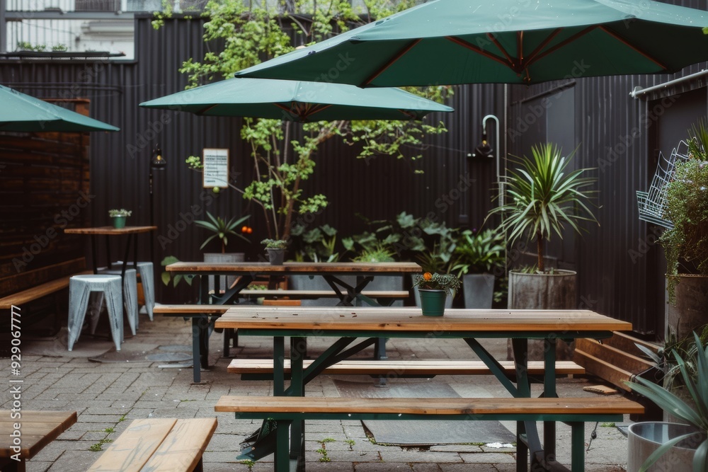 Fototapeta premium A cozy outdoor seating area with green umbrellas, wooden benches, and lush plants, perfect for a calm, relaxing day.