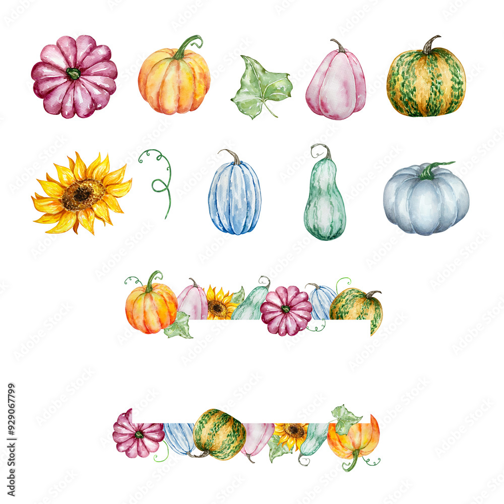 Watercolor autumn frame with pumpkins and fall leaves