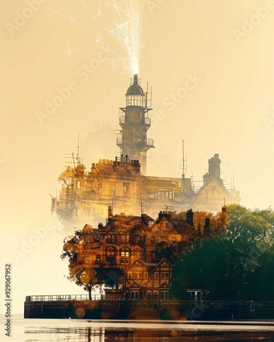 Walney Island UK Skyline Art Poster with Local Landmarks - A building with a tower and trees photo