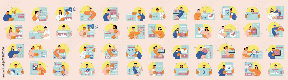 Bundle of minimalistic concepts with people scene in flat cartoon design. The big set of illustrations are done in bright colors and cover a variety of topics with big screens. Vector illustration. Bundle of minimalistic concepts with people scene in flat cartoon design. The big set of illustrations are done in bright colors and cover a variety of topics with big screens. Vector illustration.