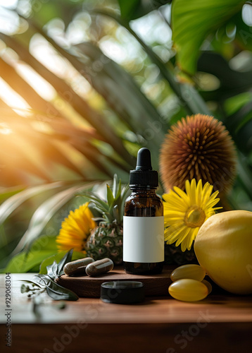 one Vitamin supplement with black lids and white bottle stickers in the middle, The background is lifestyle scense,noni fruit ,bright tone
 photo