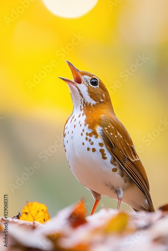 A solitary thrush sings joyfully among autumn leaves in a sunlit forest photo