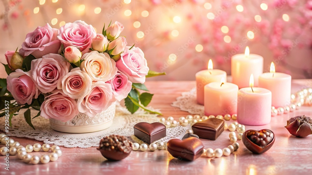 Roses, candles, and chocolates are arranged on a pastel pink background, surrounded by lace, pearls, and soft focus hearts, evoking a romantic Valentine's Day atmosphere.