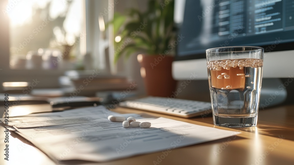 A glass of water and scattered papers are on a desk, illuminated by warm afternoon sunlight coming through a window A glass of water and scattered papers are on a desk, illuminated by warm afternoon sunlight coming through a window