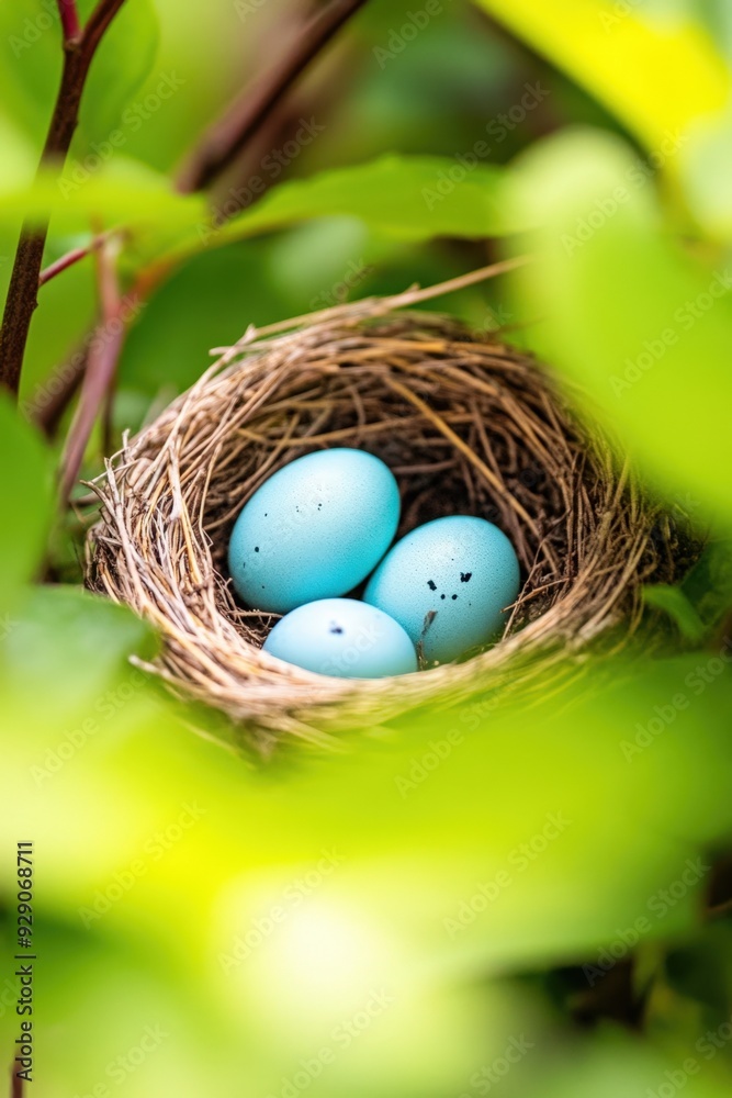 Obraz premium Nestled in nature, three blue eggs sit quietly among lush green leaves in springtime