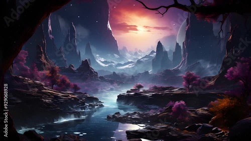A stunning view of a fantasy world with a river flowing through mountains with pink trees and a glowing sunset. The water reflects the beauty of the sky. 
