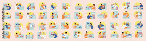 Mega set of different simple concepts with people scene in flat cartoon design. The set of illustrations are done in soft colors and cover a variety of topics. Vector illustration.