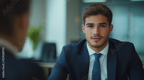 A well-dressed young man participates in a job interview, displaying confidence and professionalism.