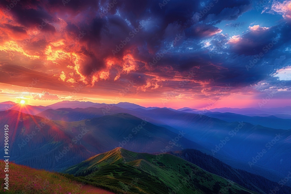 A stunning sunrise over the Carpathian Mountains, with colorful clouds in the sky and lush greenery on the hillsides below Generative AI A stunning sunrise over the Carpathian Mountains, with colorful clouds in the sky and lush greenery on the hillsides below Generative AI