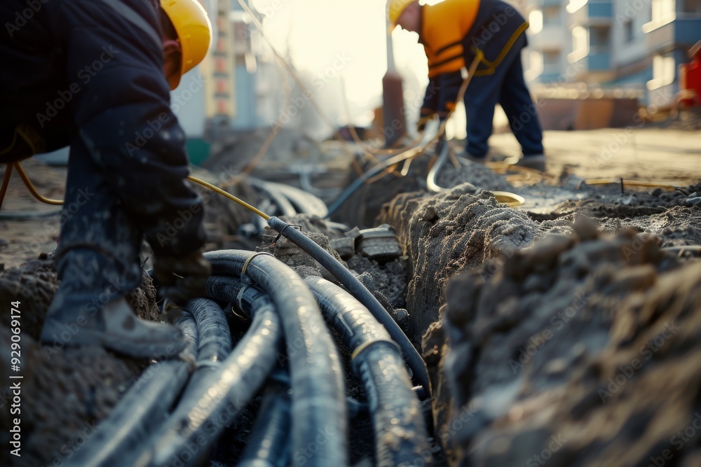 Two construction workers wearing helmets and reflective vests lay cables in a trench at a bustling urban construction site during a winter day. Two construction workers wearing helmets and reflective vests lay cables in a trench at a bustling urban construction site during a winter day.