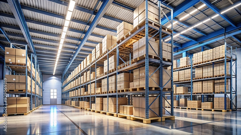 Rows of tall server racks and shelves filled with cardboard boxes and crates occupy a large, well-lit, and modern industrial warehouse with concrete floors. Rows of tall server racks and shelves filled with cardboard boxes and crates occupy a large, well-lit, and modern industrial warehouse with concrete floors.