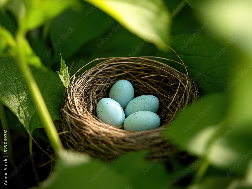 A delicate nest cradling vibrant blue eggs hidden among lush green foliage A delicate nest cradling vibrant blue eggs hidden among lush green foliage