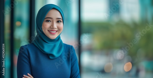 A woman with a teal hijab and a blue outfit stands confidently, smiling in front of a contemporary office backdrop in Indonesia. copy space.