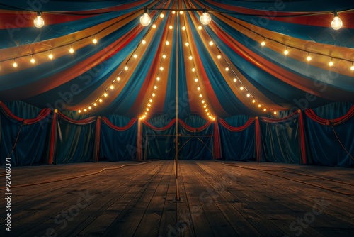 An empty circus tent adorned with glowing string lights evokes a sense of anticipation and nostalgia.