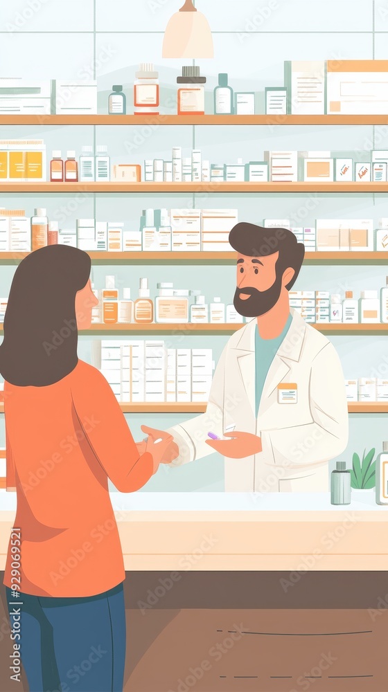 A pharmacist discusses medication with a customer in a well-stocked pharmacy