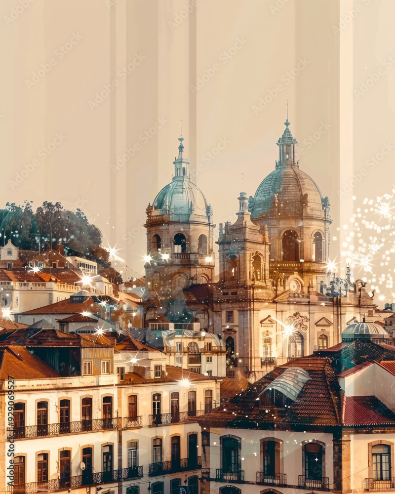 Obraz premium Agualva-Cacem City Skyline Bright Beige Shadows Sparkles - A city with a building and a roof