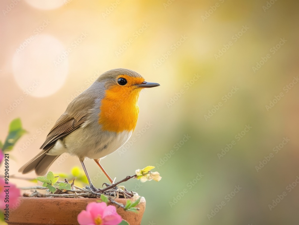 A charming robin perched on a flower pot in a sunlit garden during springtime A charming robin perched on a flower pot in a sunlit garden during springtime