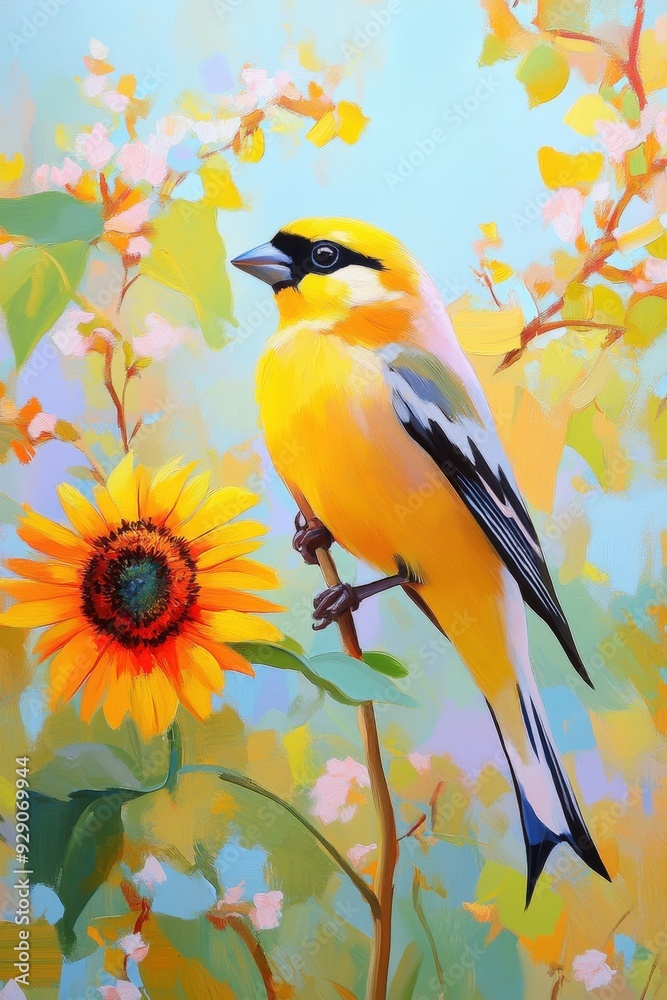 Obraz premium A vibrant yellow bird perched on a sunflower among blooming flowers in springtime