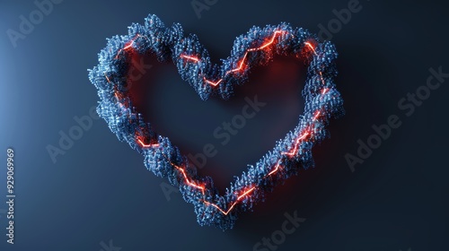 An artistic heart symbol created with blue textures and illuminated red lines