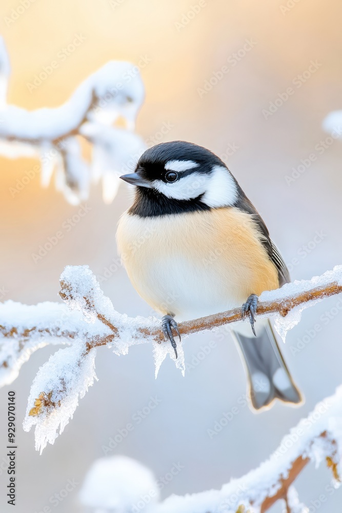 A charming bird perched on a frosty branch during a serene winter morning A charming bird perched on a frosty branch during a serene winter morning
