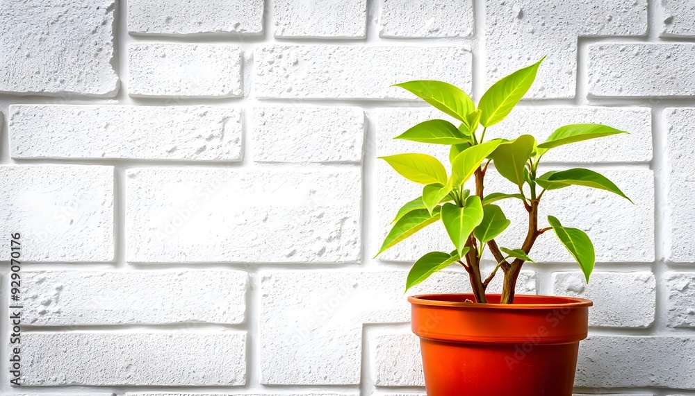 A potted green plant with large, lush leaves against a white brick wall background A potted green plant with large, lush leaves against a white brick wall background