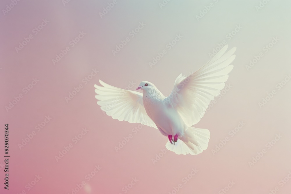 Fototapeta premium A white dove gracefully flying against a soft, pastel gradient background, symbolizing peace and freedom.