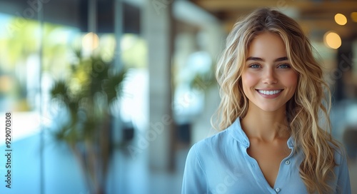 A happy female technology executive stands in a bright, modern office, exuding confidence and positivity. copy space.