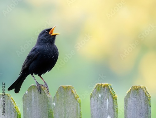 Wallpaper Mural A blackbird serenades the morning from a weathered garden fence Torontodigital.ca