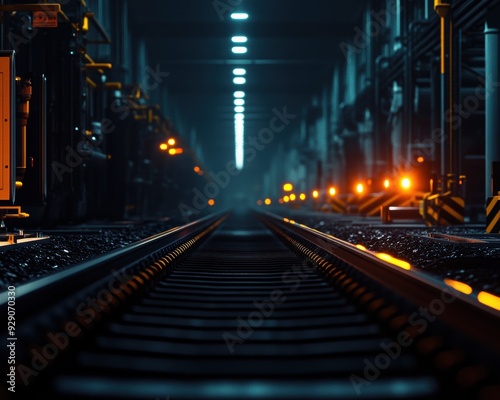 Industrial train track in a dimly lit warehouse with vibrant orange lights, conveying a sense of technology and modern infrastructure.