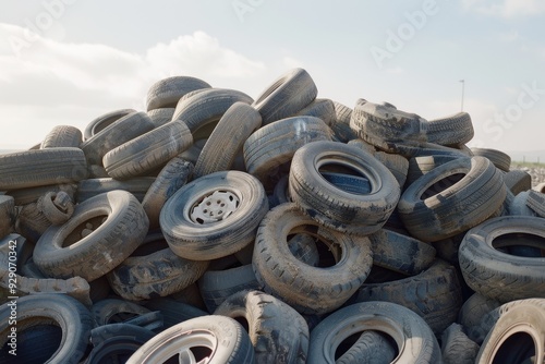 A large pile of worn-out tires stacked together, symbolizing waste and environmental challenge against a clear sky.