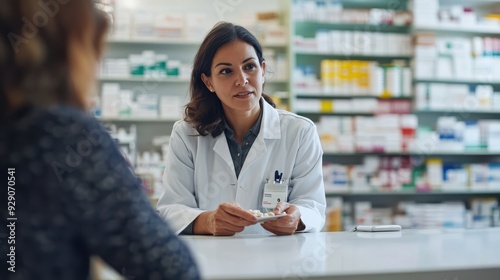 A pharmacist discusses medication choices with a patient in a well-stocked pharmacy photo