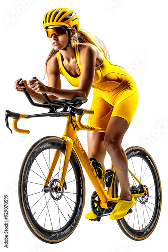 Full length profile shot of a girl in a yellow triathlon outfit biking Isolated on transparent background.