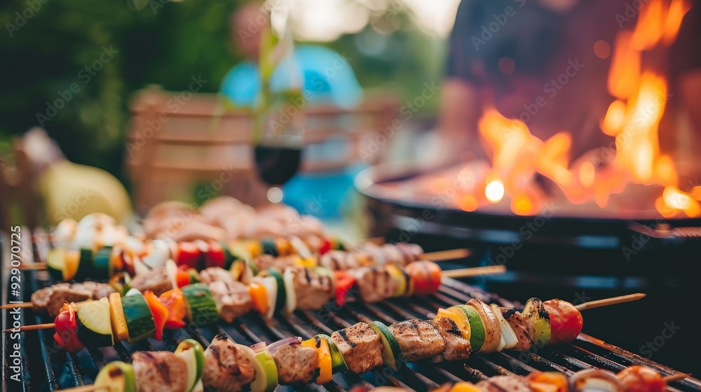 Fototapeta premium Early evening barbecue with friends and family, grilling seasonal dishes