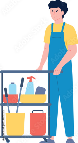 Janitor with cleaning equipment. Professional cleaning worker