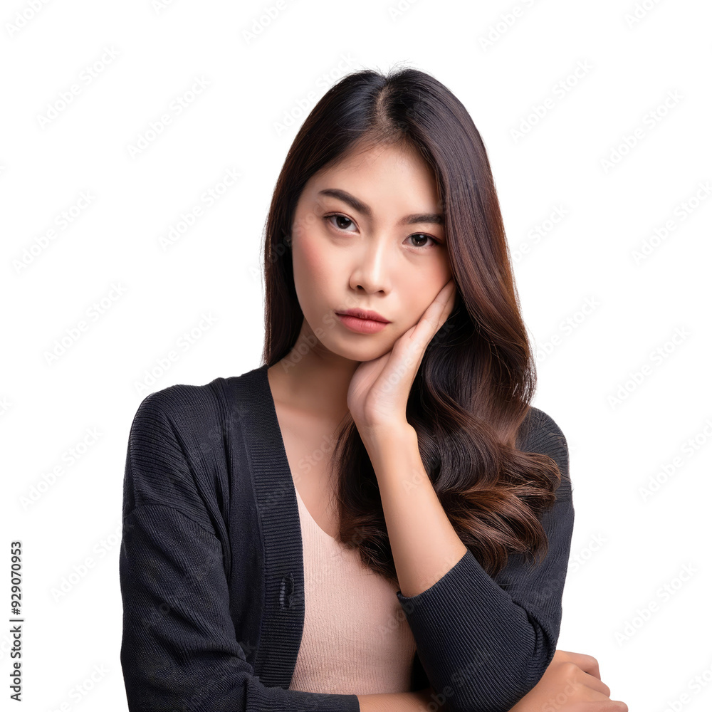 Thoughtful portrait of a young woman with long hair, expressing contemplation and elegance with a modern outfit. Thoughtful portrait of a young woman with long hair, expressing contemplation and elegance with a modern outfit.