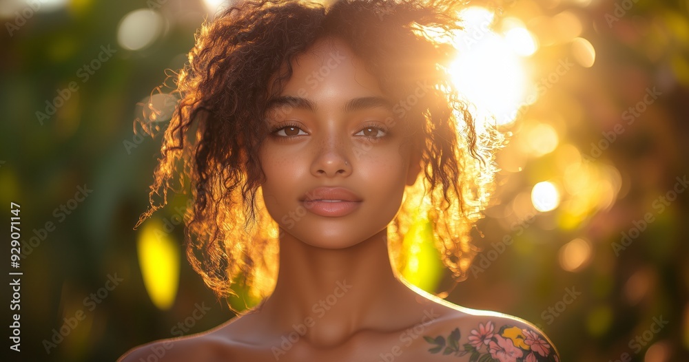 Fototapeta premium A young woman with curly hair stands outdoors, illuminated by soft sunlight, showcasing a vibrant floral tattoo on her shoulder.