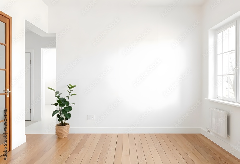 Fototapeta premium A potted palm plant in a minimalist interior setting with a plain white wall and wooden floor