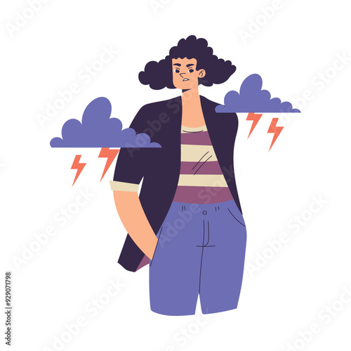 Negative Emotion with Woman Character with Cloud and Lightning Express Feeling Vector Illustration