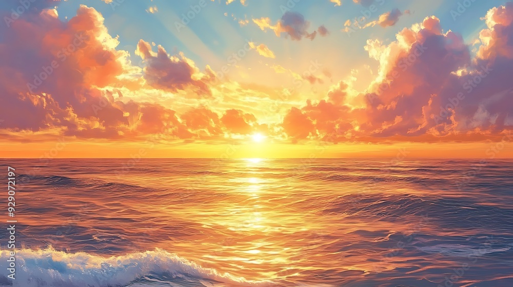 Sunset Over a Tranquil Ocean with Golden Clouds Sunset Over a Tranquil Ocean with Golden Clouds